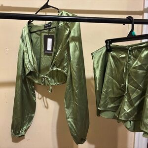 PrettyLittleThing Green Satin Shorts